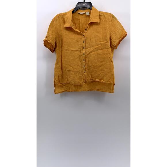 J. JILL Women's Petite Mustard Yellow Button-Up Short Sleeve Oversized Top SZ SP - Picture 1 of 9
